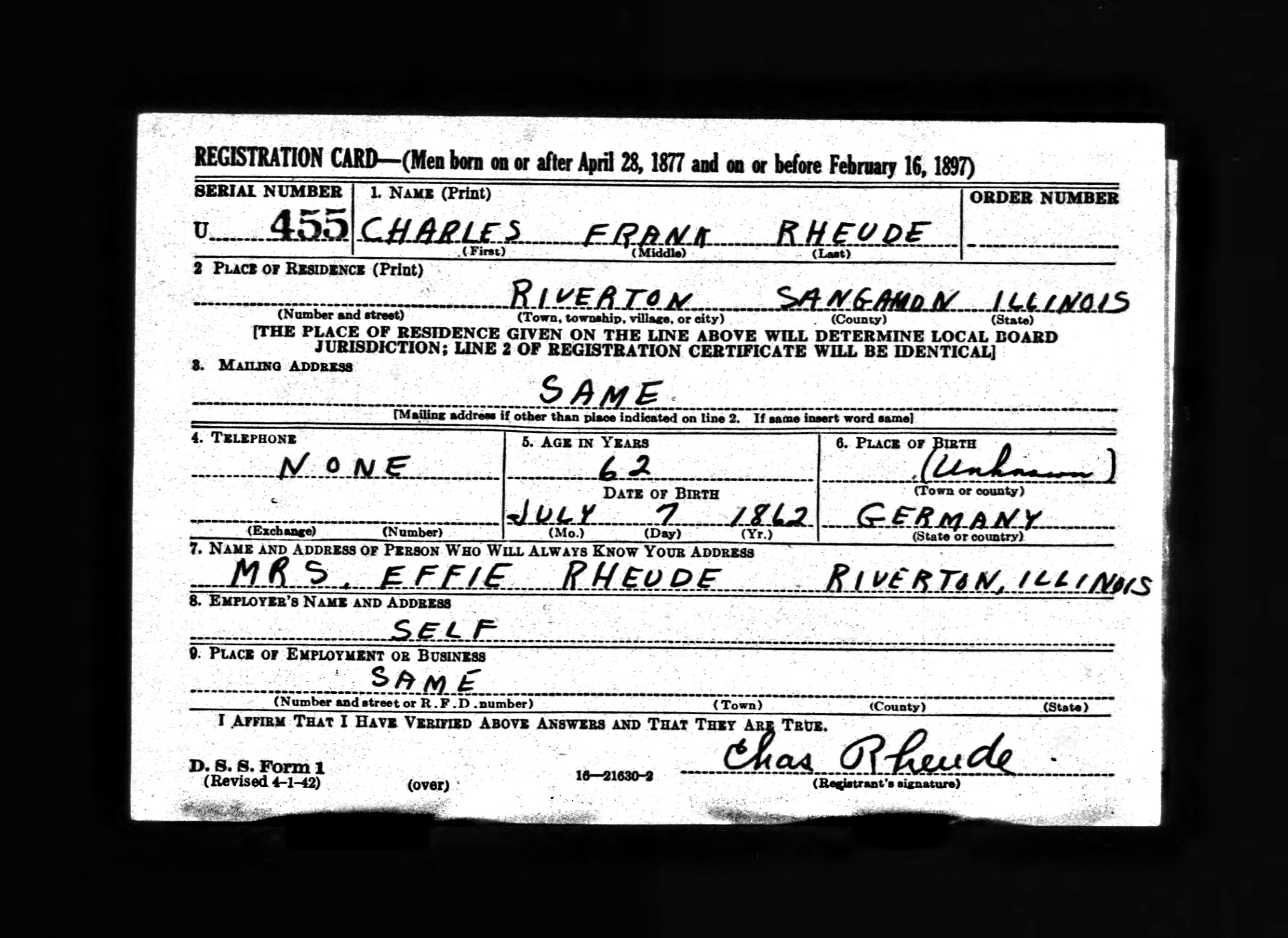 Charles F. Rheude WWII Registry